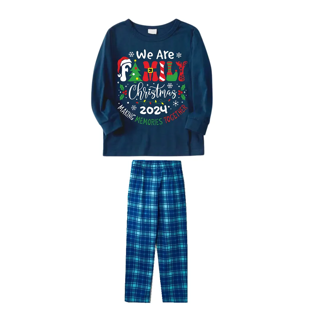 "We are Family" 2024 Christmas Wreath - Blue Long Sleeve Top With Blue Plaid Family Matching Pajamas