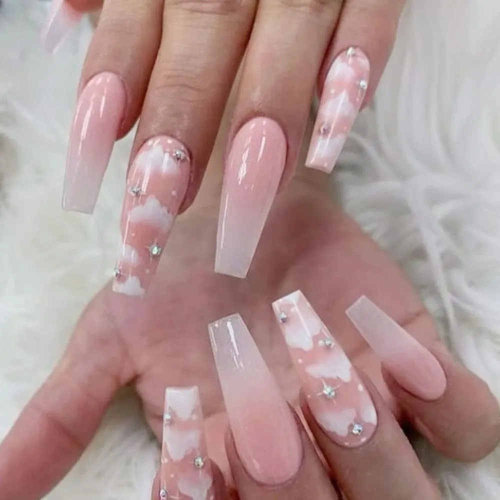 24pcs/Box Matcha Green Color With Rhinestone Long Coffin False Nails Full Cover Ballerina Press On Nails Wearable Fake Nails