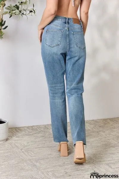 Judy Blue Full Size Distressed Raw Hem Straight Jeans