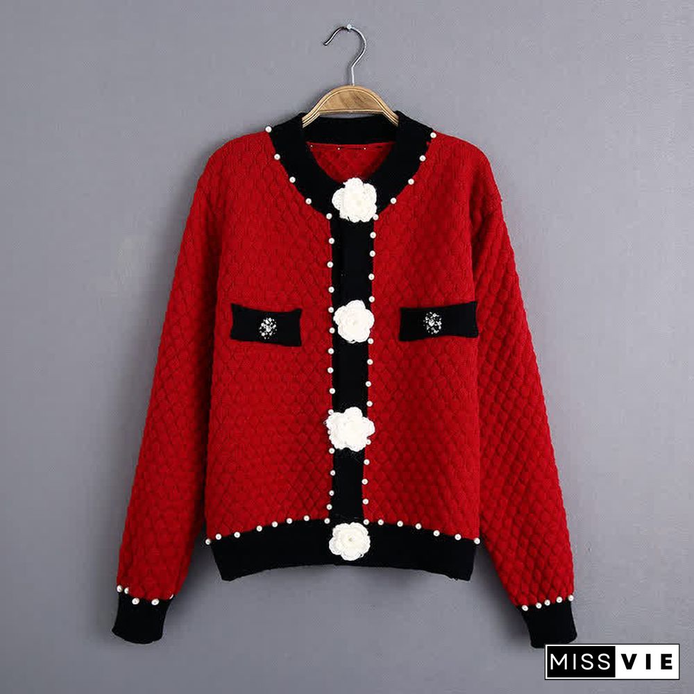 Pearl Decor 3D Blossom Button Cardigan Sweater