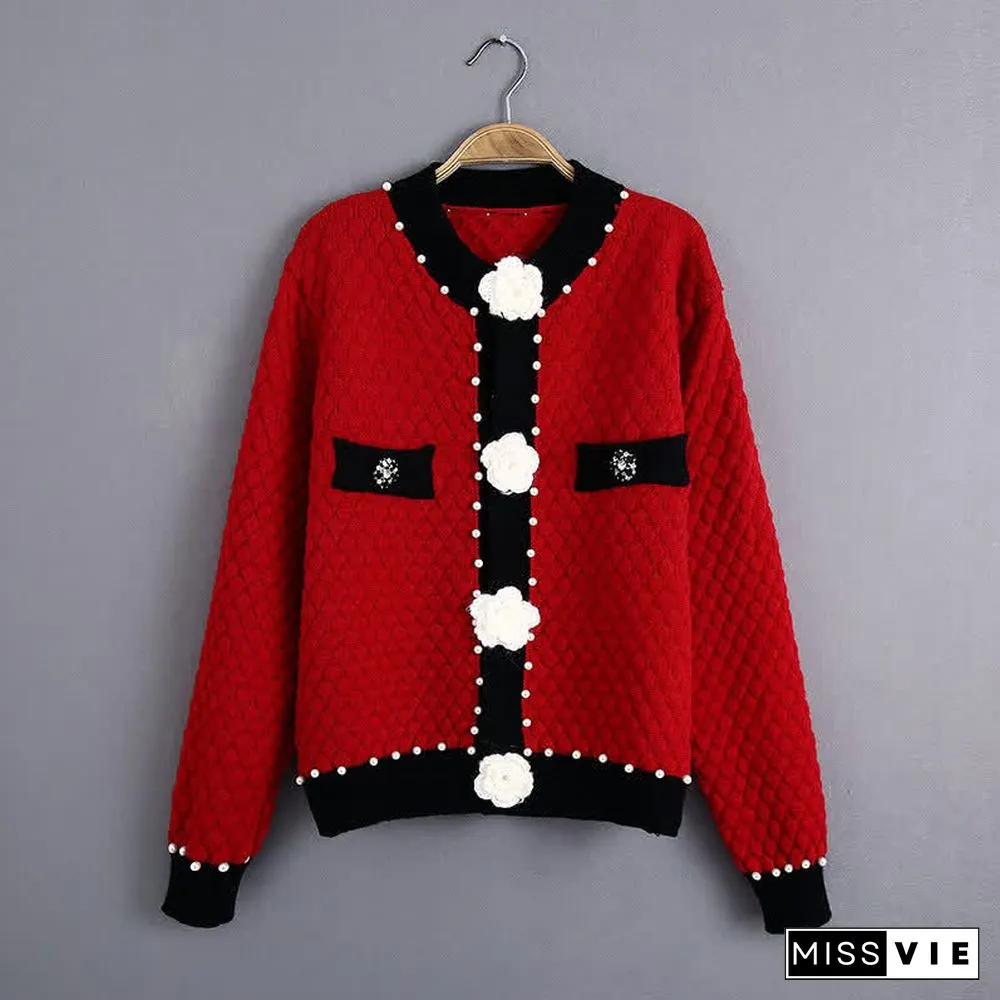 Pearl Decor 3D Blossom Button Cardigan Sweater