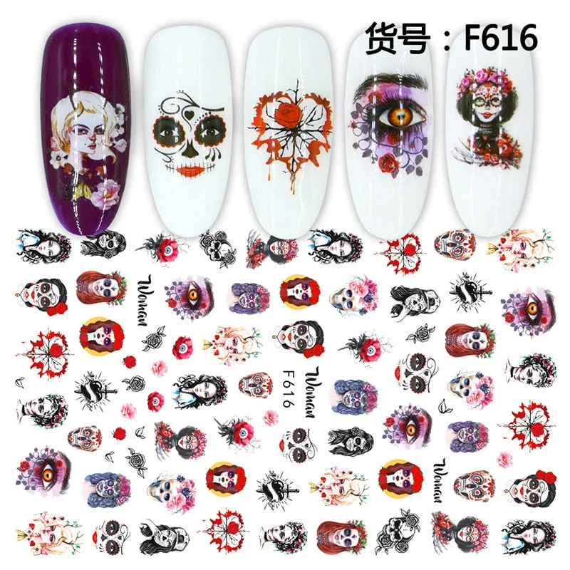 Halloween Nail Art Sticker Ghost Witch Spider Web Pumpkin Nail Decals Sexy Skull Bone Water Transfer Decals Nails Foil Manicure-Nail Inspo