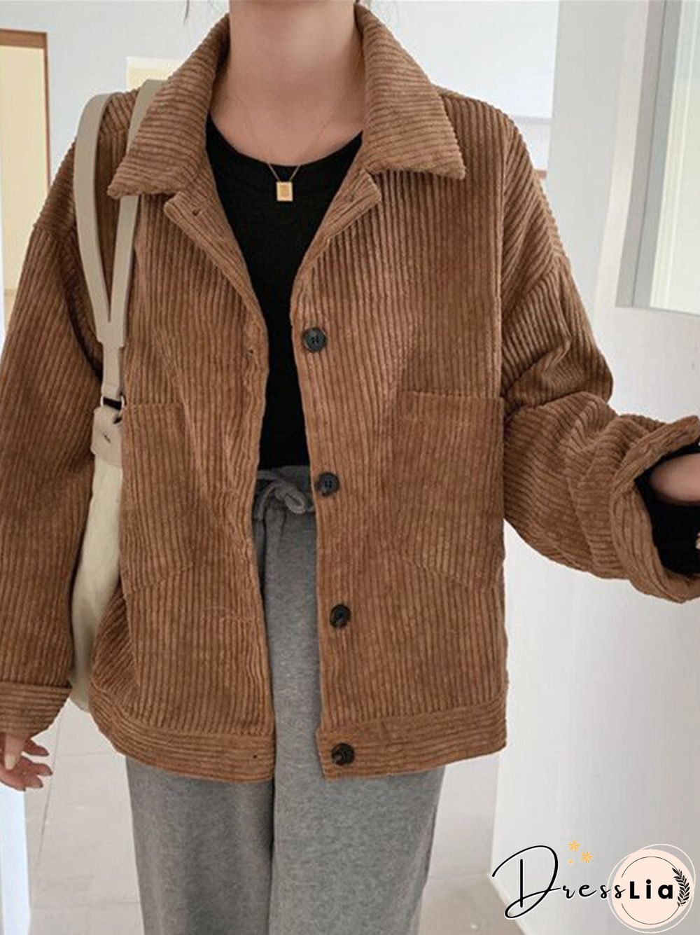 Corduroy Solid Pocket Button Loose Long Sleeve Lapel Jacket