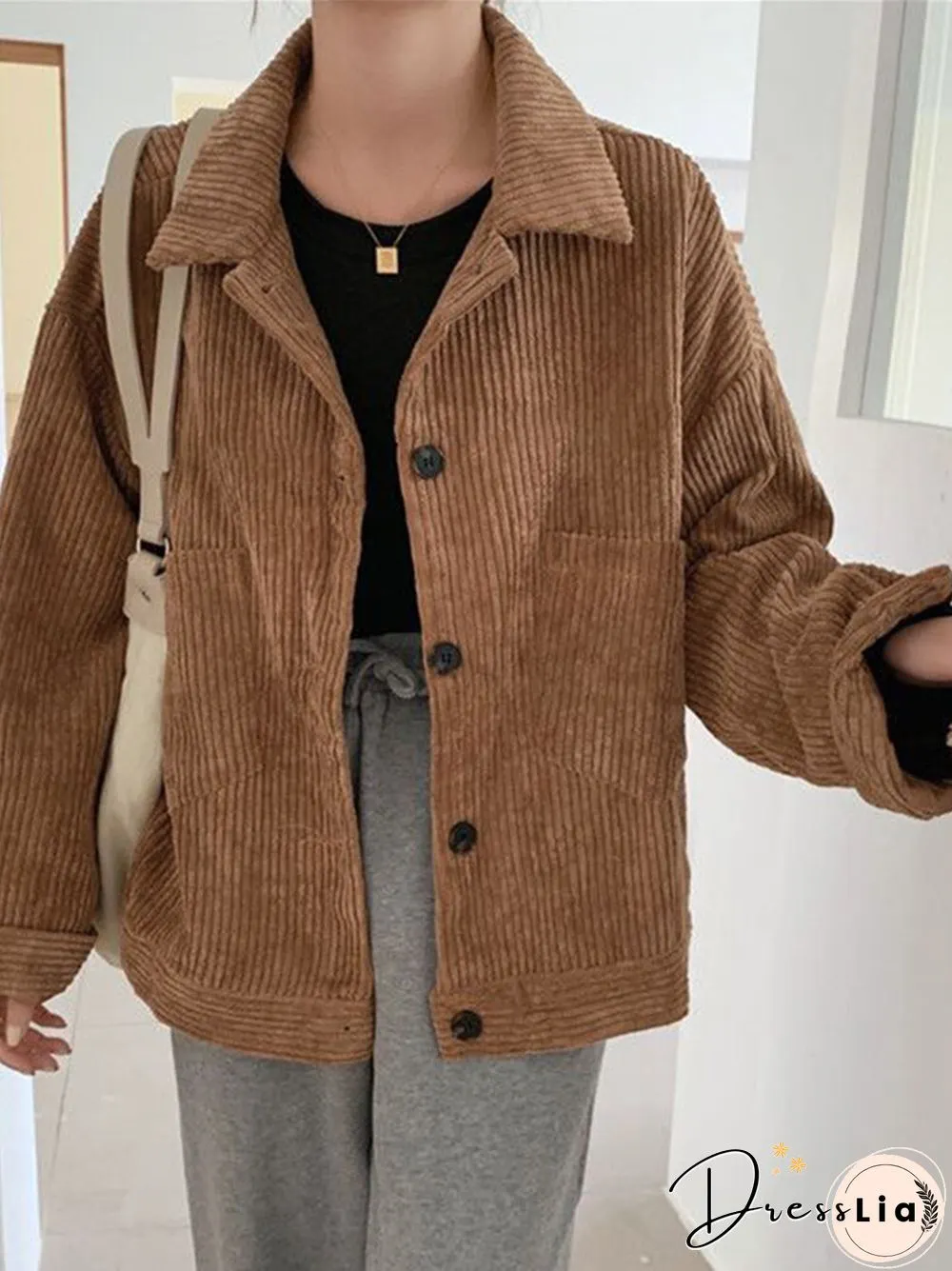 Corduroy Solid Pocket Button Loose Long Sleeve Lapel Jacket