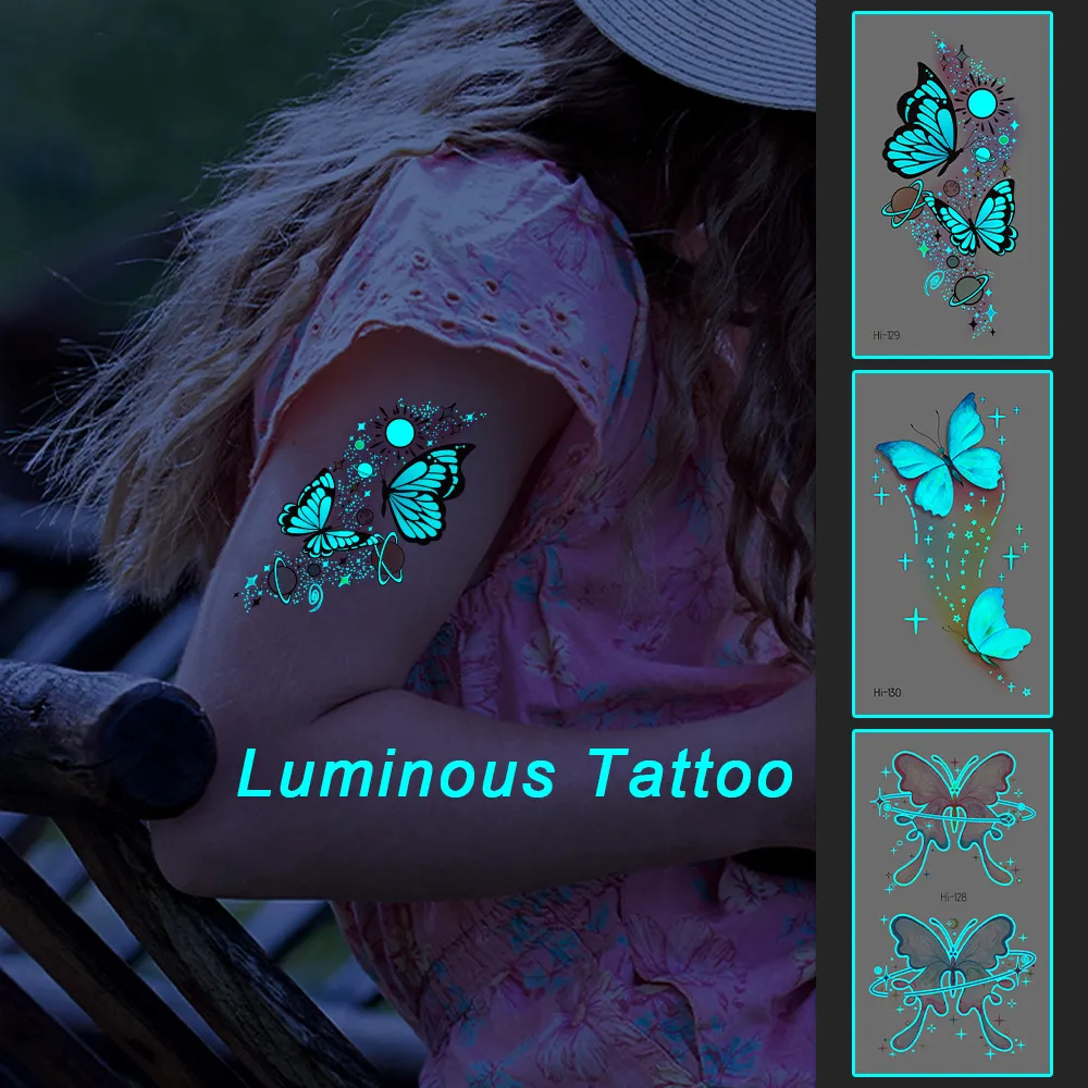 Sdrawing Luminous Glowing In Dark Tattoo Stickers Butterfly Daisy Flower Music Night Club Party Temporary Tattoos Shiny Body Art
