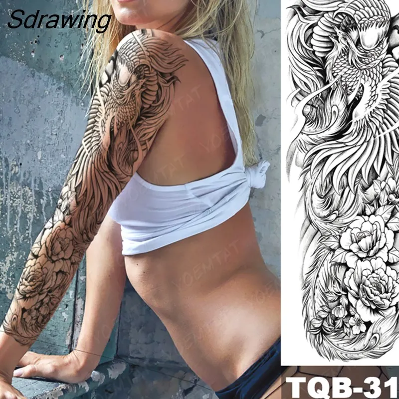 Sdrawing Arm Tattoos Phoenix Bird Crane Koi Wing Feather Waterproof Temporary Tattoo Sticker Women Men Body Art Flower Fake Tatto