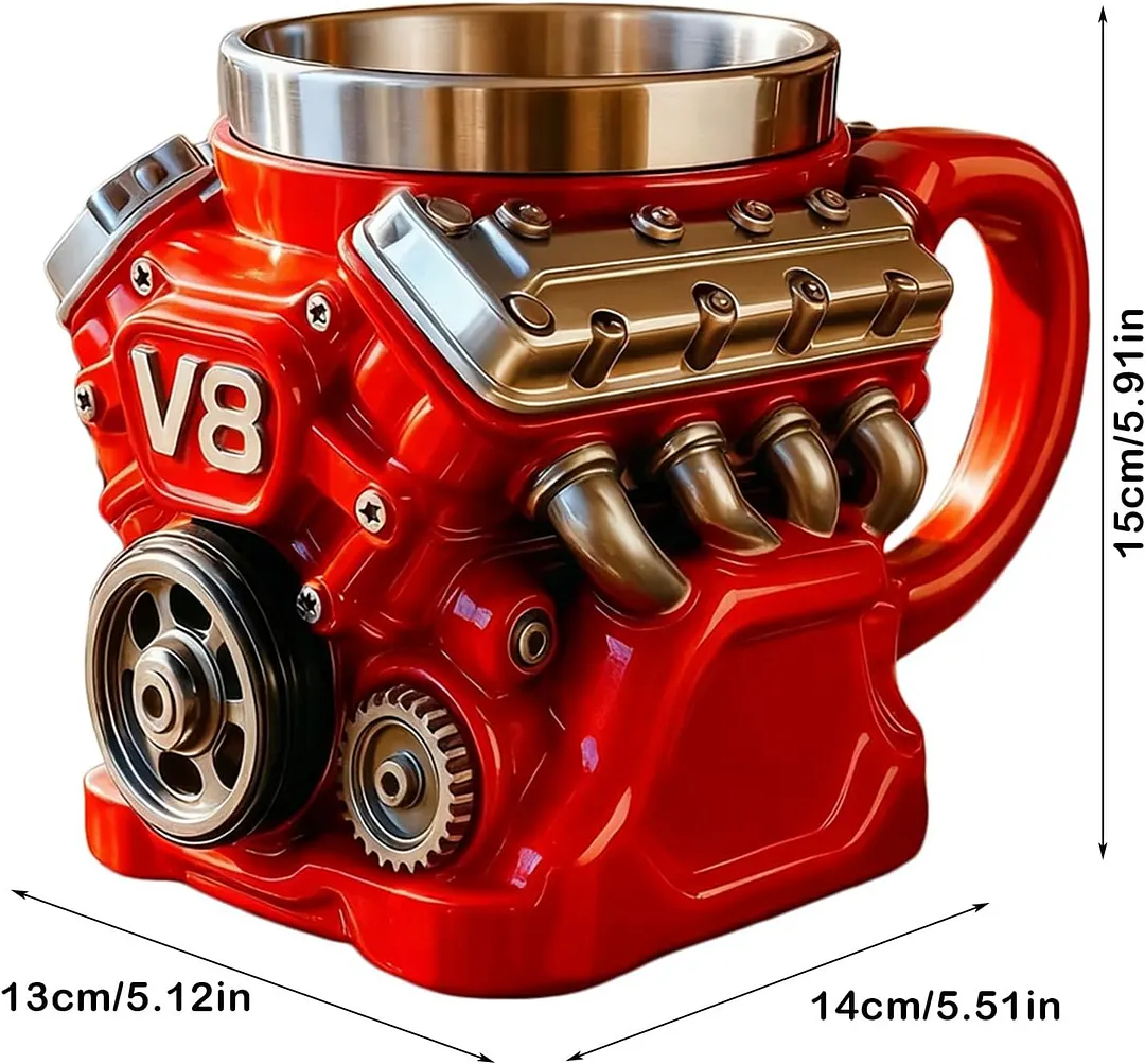 V8 engine-shaped coffee mug, retro style, made of stainless steel, customizable, double-walled design, insulated for car use, with handle, the perfect gift for Father's Day, Christmas, or for your husband or boyfriend (red, 1 piece).