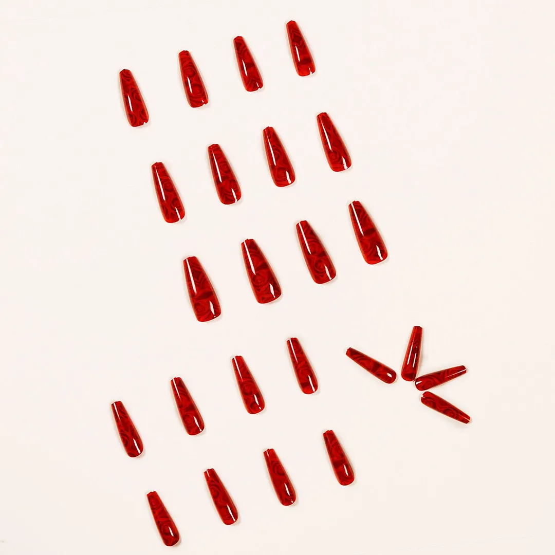 24pcs Red Rose Pattern Fake Nails Full cover Fake Nails Glue DIY Manicure Nail Art Tools-Nail Inspo