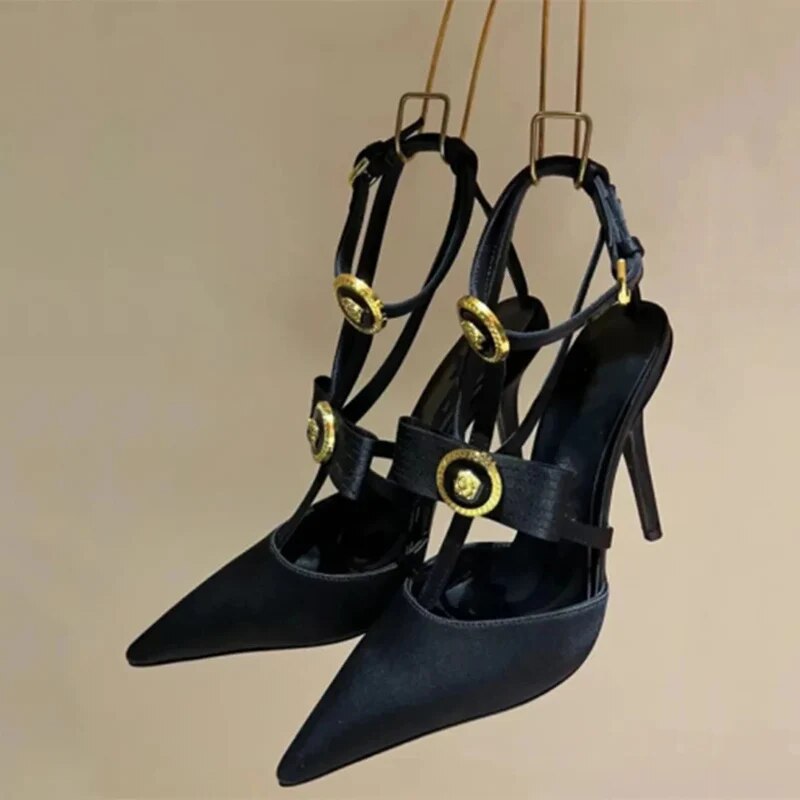GOOSHOE Ankle Buckles Women Metal Ornaments Stiletto High Heels Sandals Bow T-strap Slingback Satin Dress Shoes