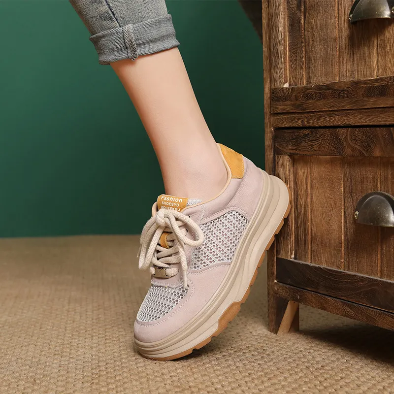 Yyvonne Layer Cowhede Thick Back Color Breathable Mesh Single Shoes 2025 Spring And Summer New Fashion Leather Casual Shoes
