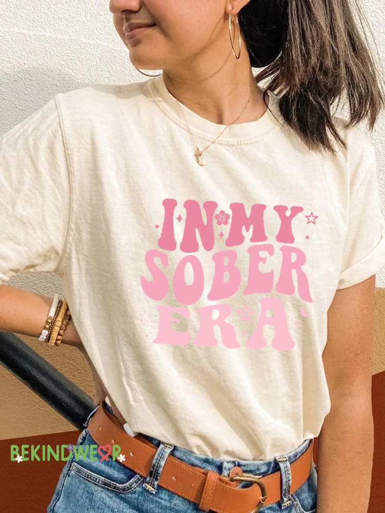 In My Sobriety Era Alcohol Awareness Print Casual Crew Neck Short Sleeve T-Shirt White / S