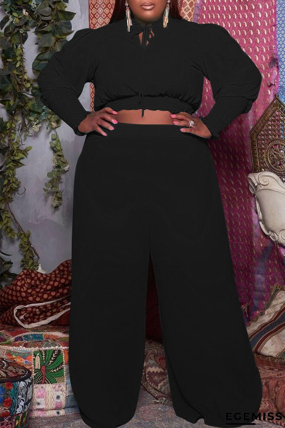 Black Casual Solid Patchwork Frenulum O Neck Plus Size Two Pieces | EGEMISS
