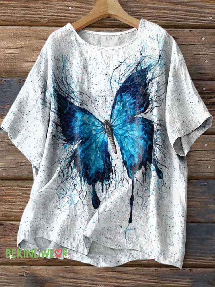 Women&rsquo;s Butterfly Print Casual Linen Crew Neck Shirt Multicolor / S