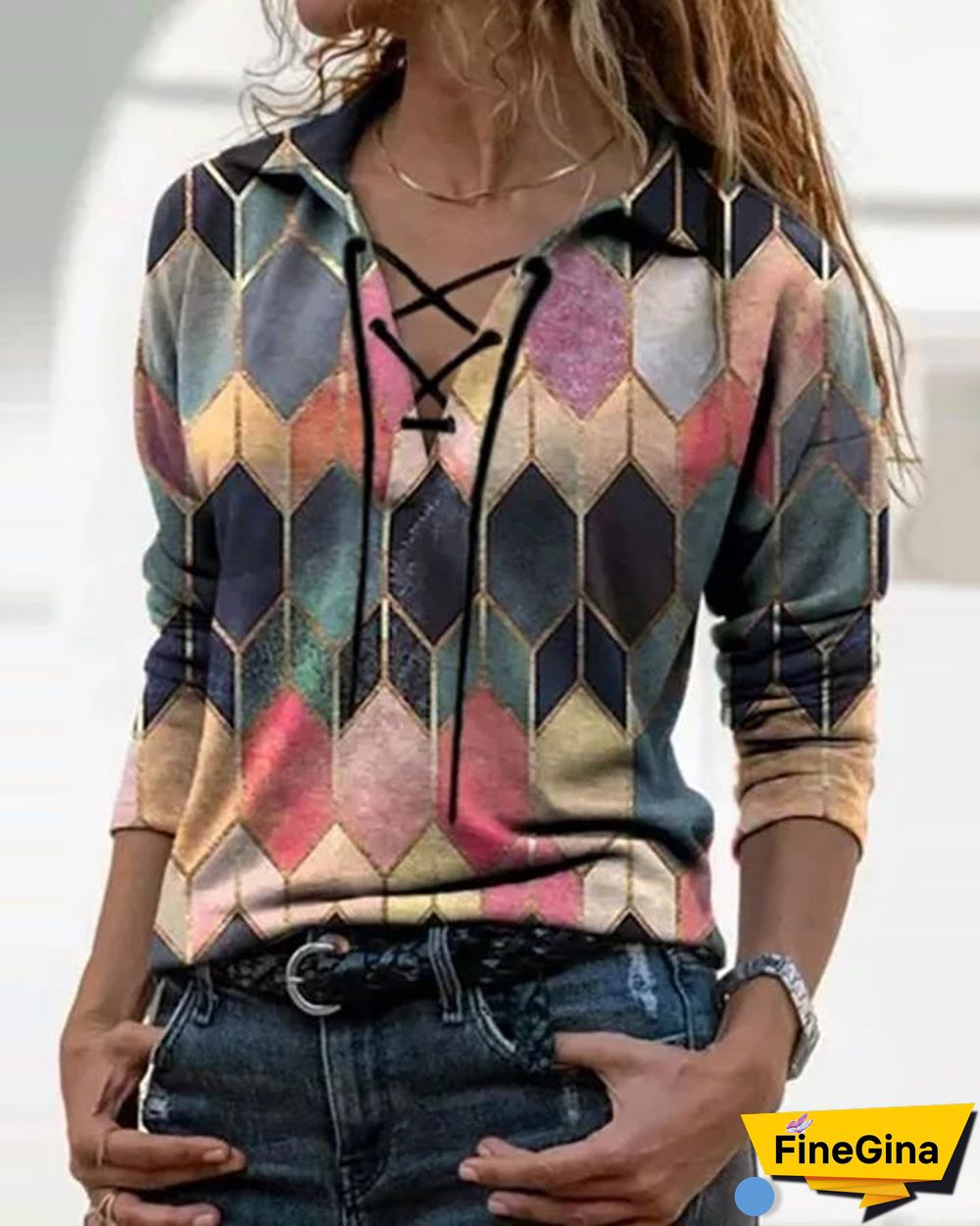 Geo Print Colorblock Lace Up T-shirt P12095