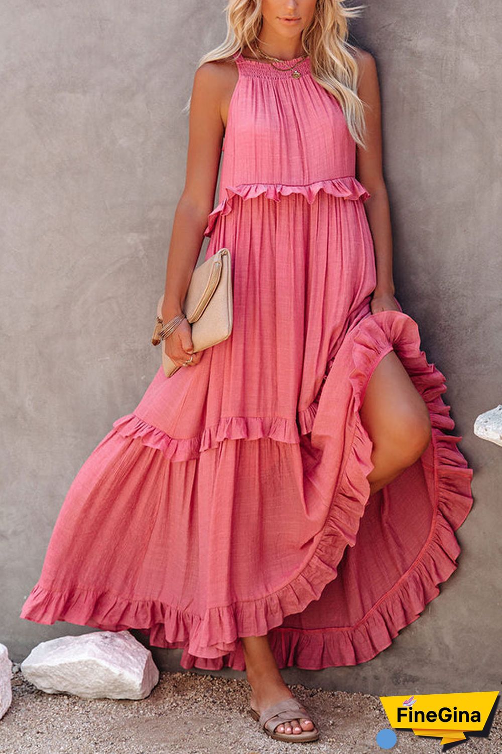 Pocketed Halter Textured Maxi Dress