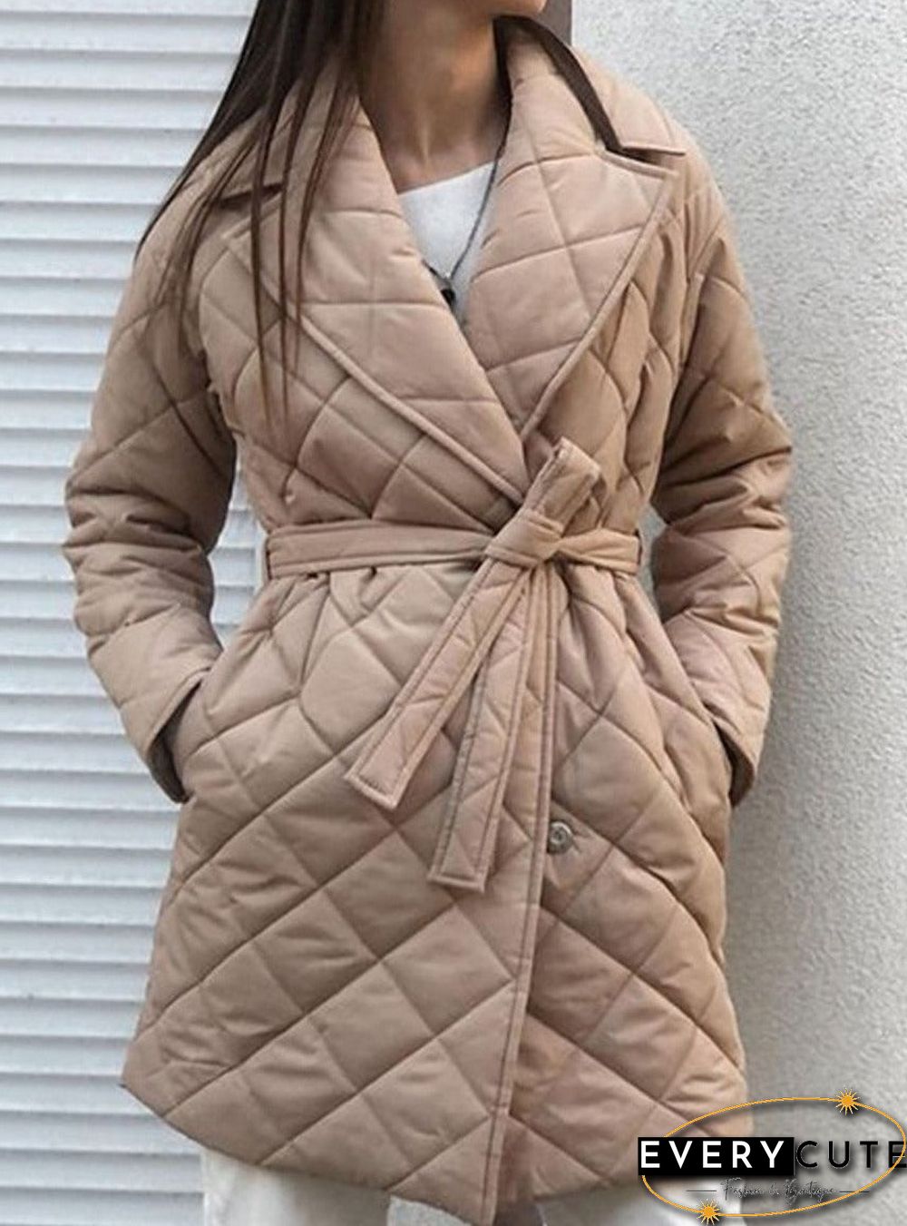Pure Color Belted Double Pocket Casual Cotton Coat