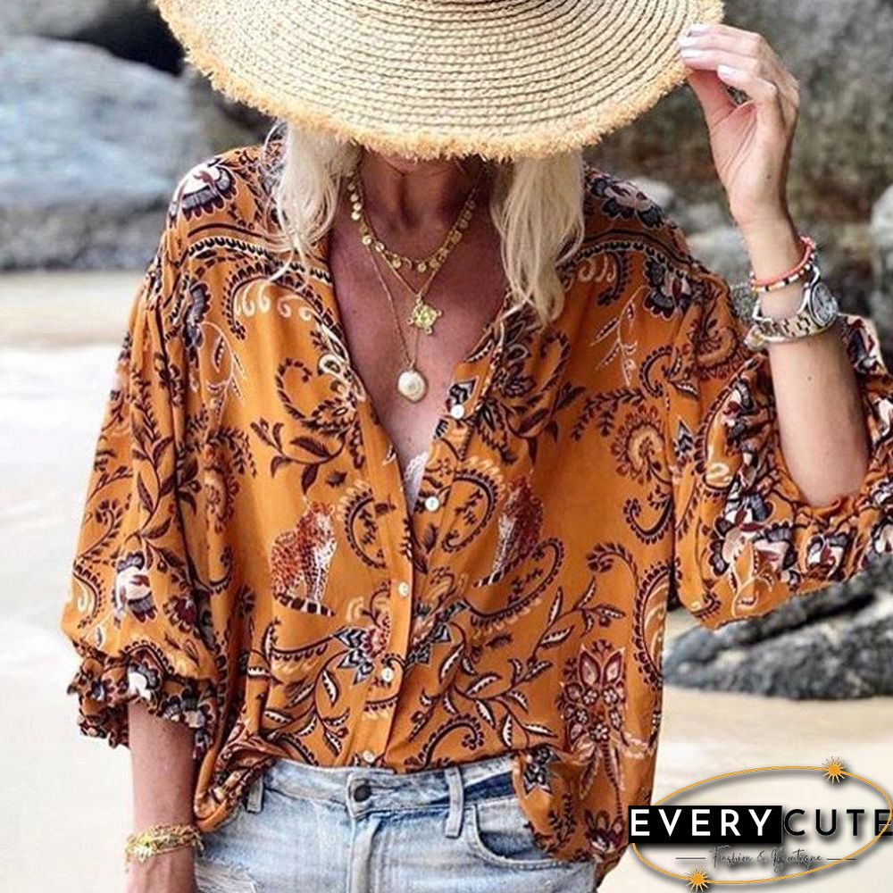 Orange Pattern Western Style Women Long Sleeve Shirt