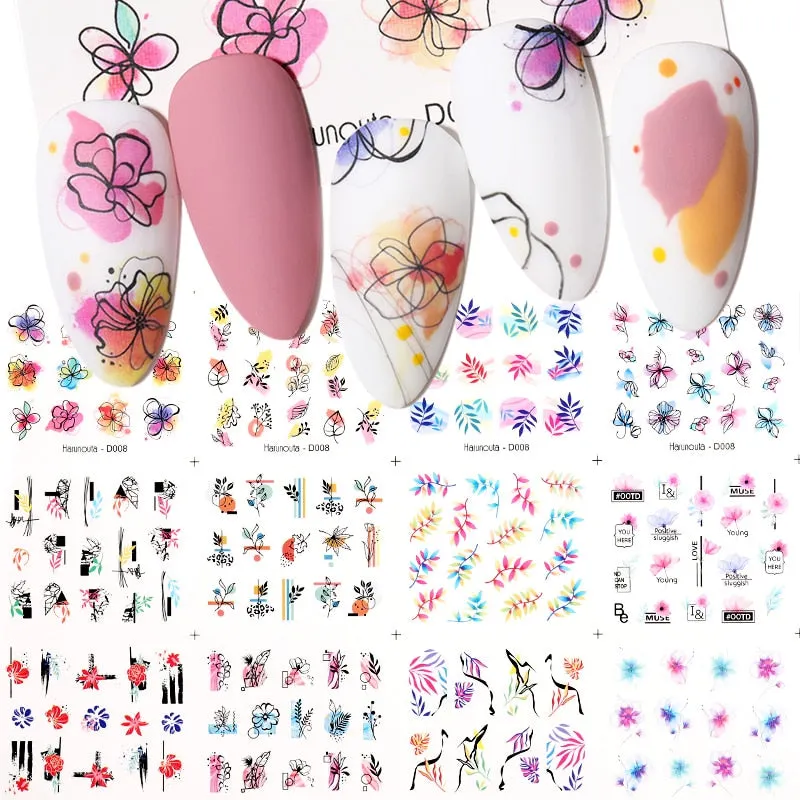 12Styles Harunouta Spring Summer Alphabet Flower Leaves Nail Water Decals Popular Geometric Lines Transfer Stickers Decoration
