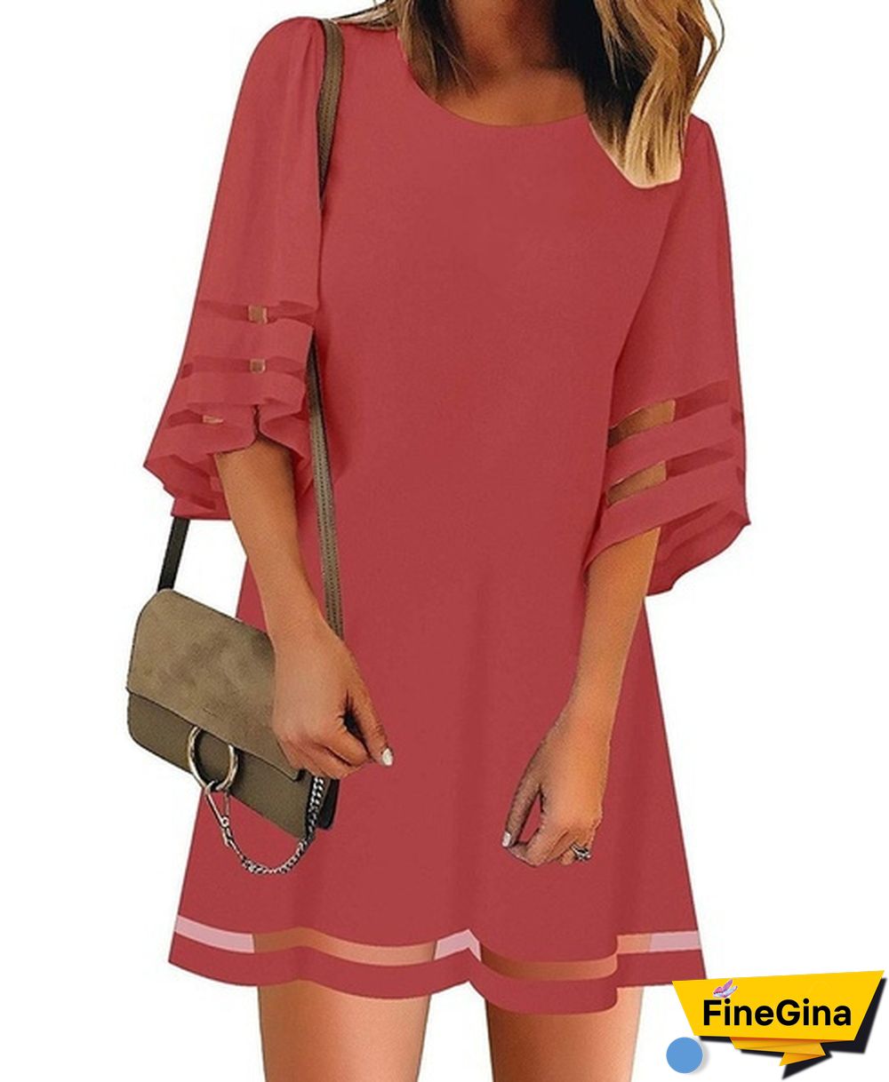 NEW summer Womens Short Sleeves Round Neck Flared Sleeves Casual Dresses Solid Color Patchwork Hollow-out Loose Mini Dresses Short Dresses Plus Size