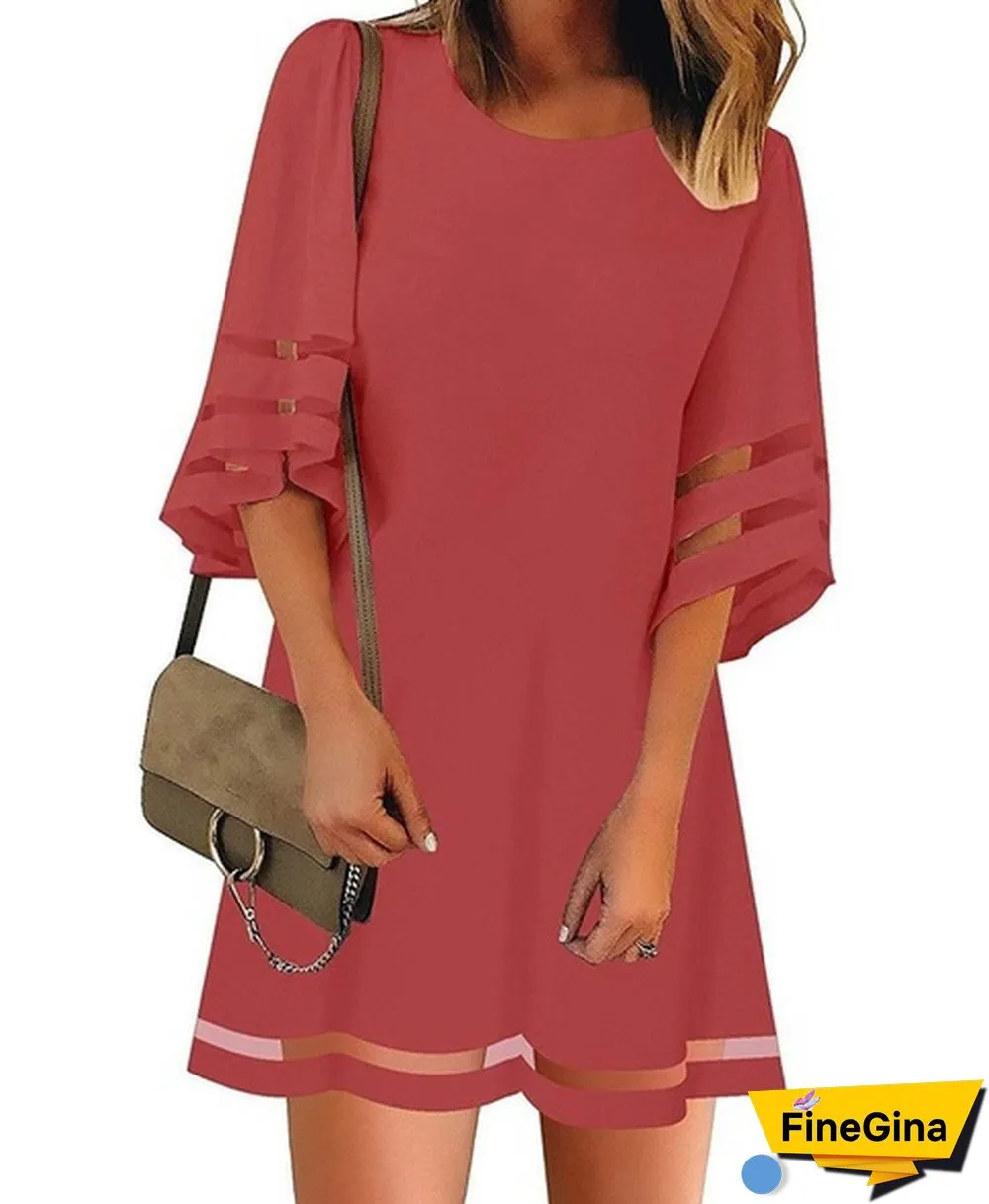 NEW summer Womens Short Sleeves Round Neck Flared Sleeves Casual Dresses Solid Color Patchwork Hollow-out Loose Mini Dresses Short Dresses Plus Size