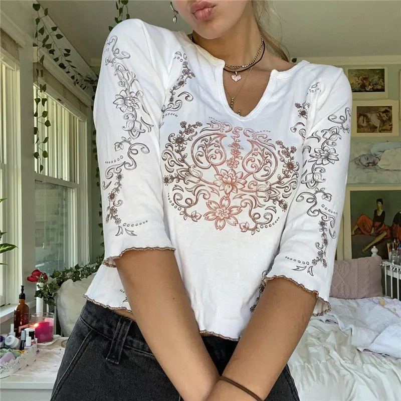 Xingqing Women Knitted Top Vintage Aesthetic Floral Print Long Sleeve T-Shirts Sexy Slim Fit Tee Tops Y2K Korean Chic Streetwear