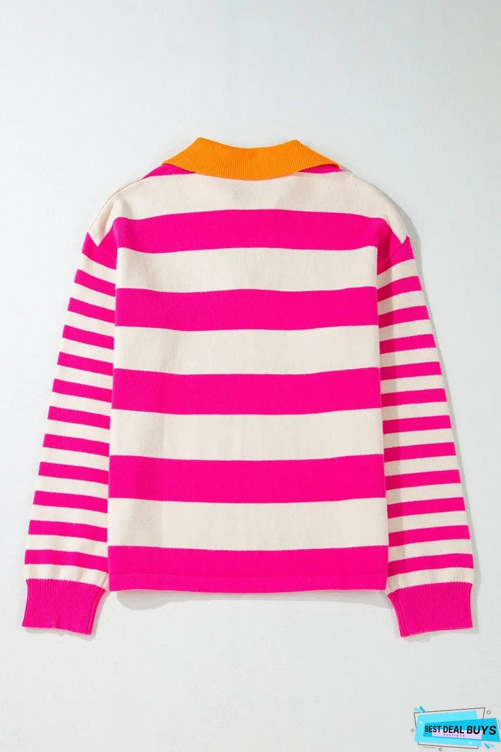 Contrast Stripes Johnny Collar Long Sleeve Sweater