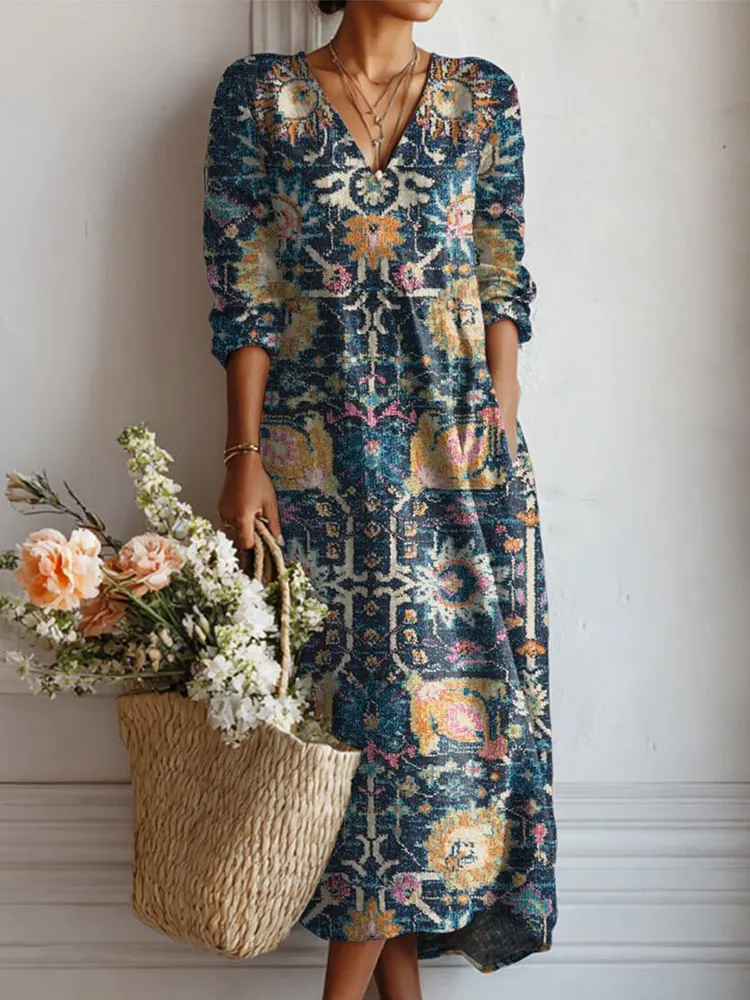 Women's Vintage Flower Art Print Linen Pocket Tunic Dress