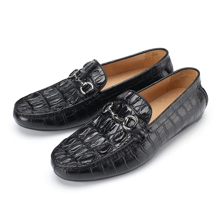 Men's Genuine Leather Casual Shoes, Handcrafted Half Crocodile Pattern Leather Shoes, Genuine Leather Men's Driving shoes