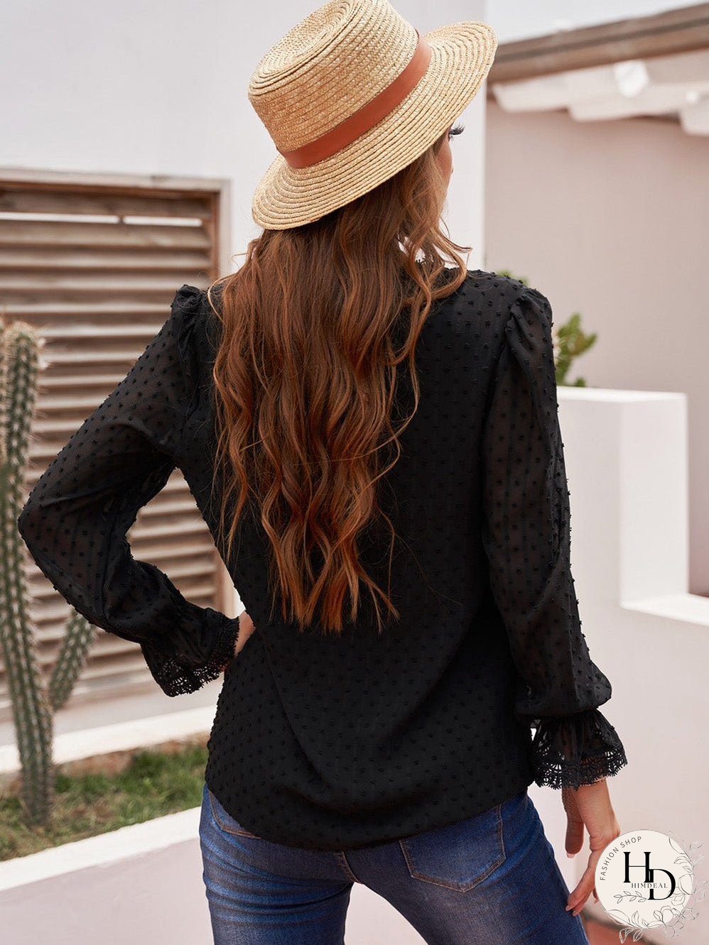 Elegant Swiss Dot Lace Detailed V-Neck Blouse