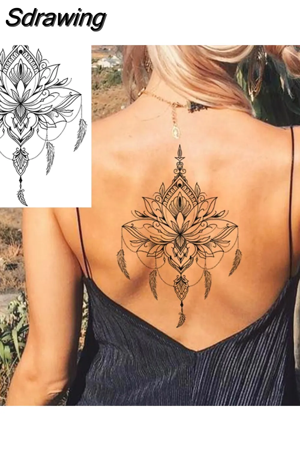 Sdrawing Peony Flower Temporary Tattoos For Women Adults Realistic Compass Moon Pendant Fake Tattoo Sticker Arm Body Tatoos 507-1