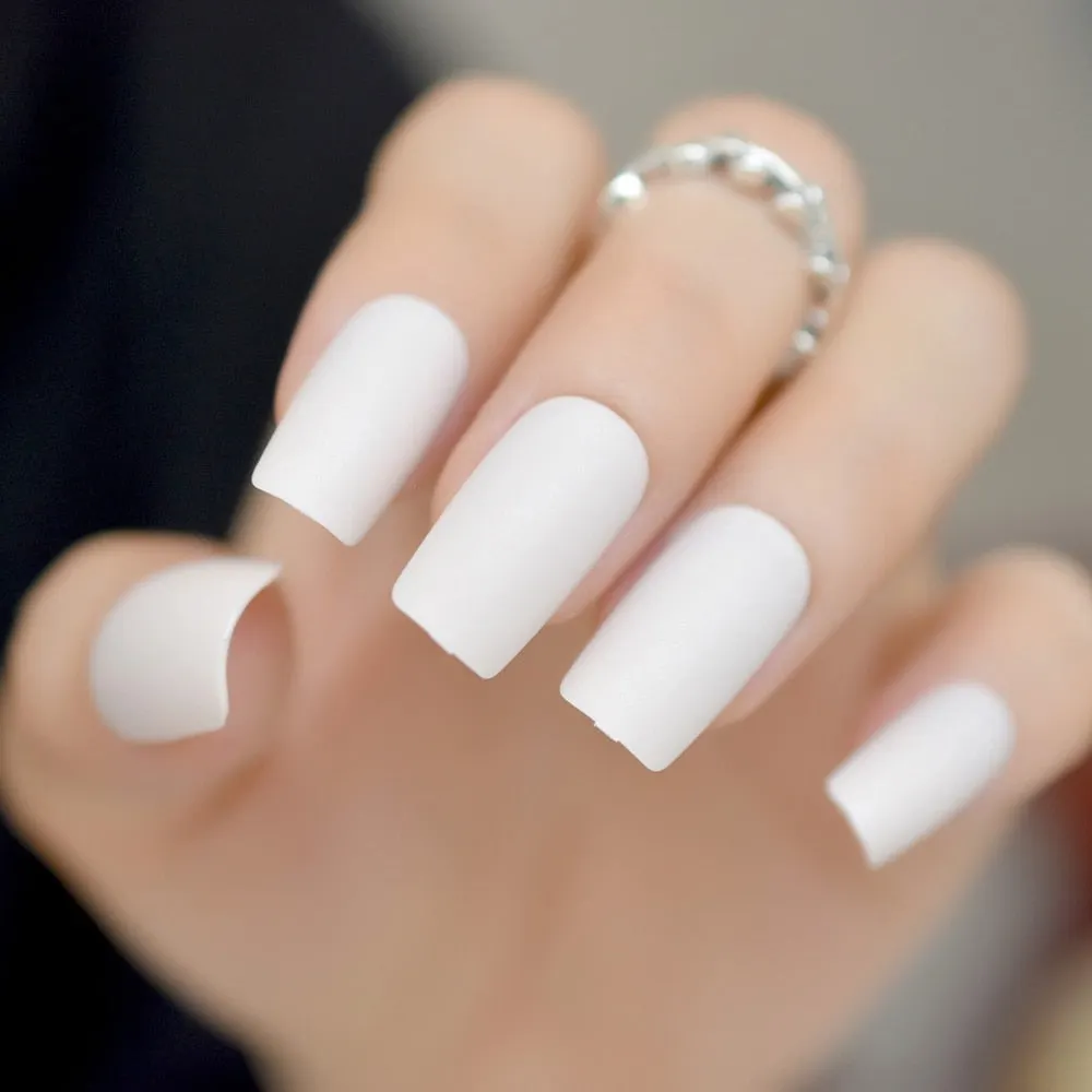 Medium Long Matte Fake Nails White Matt Solid Color Nail Tips Square Acrylic Fignernails 24-Nail Inspo