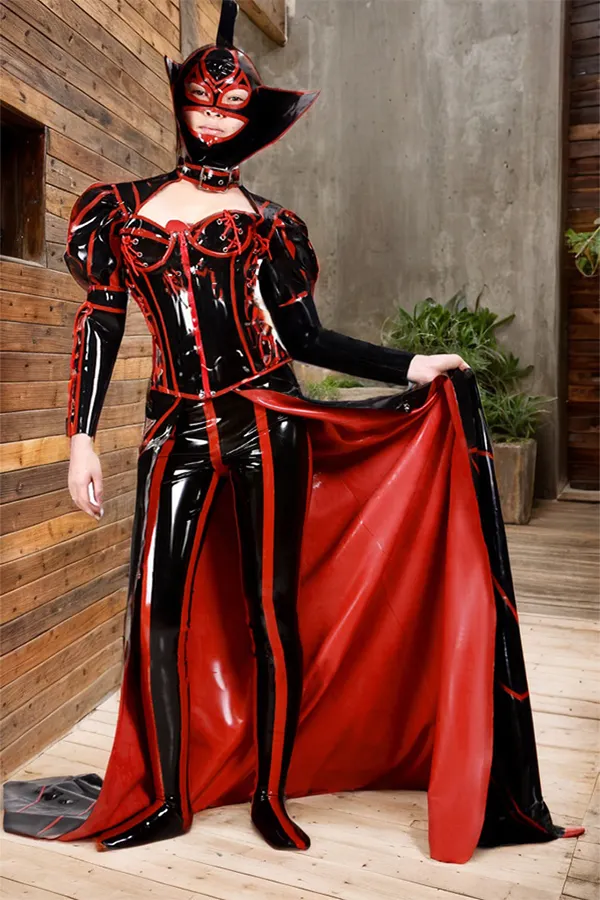 Women Latex Tops Black & Red Performance Set (Hood & Top & pants)