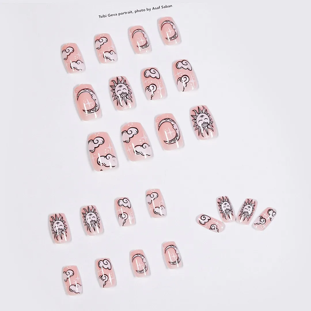 24pcs/Set Sexy Sun Stars Moon Fake Nails Full Cover Fake Nails Glue DIY Manicure Nail Art Tools-Nail Inspo