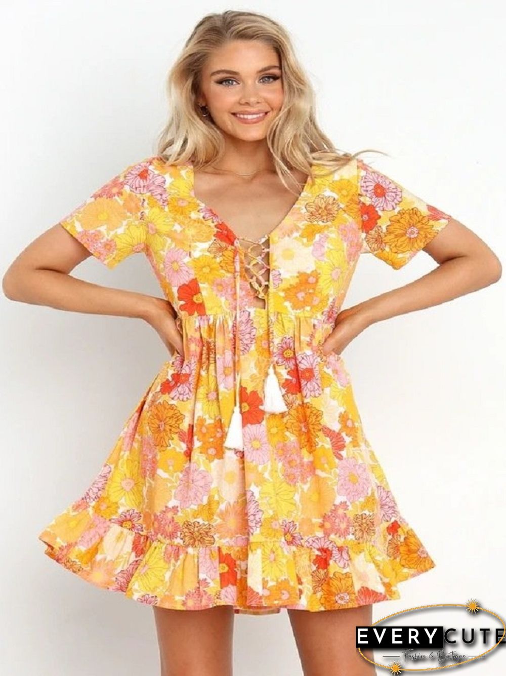 Printed Strap Ruffled Dress