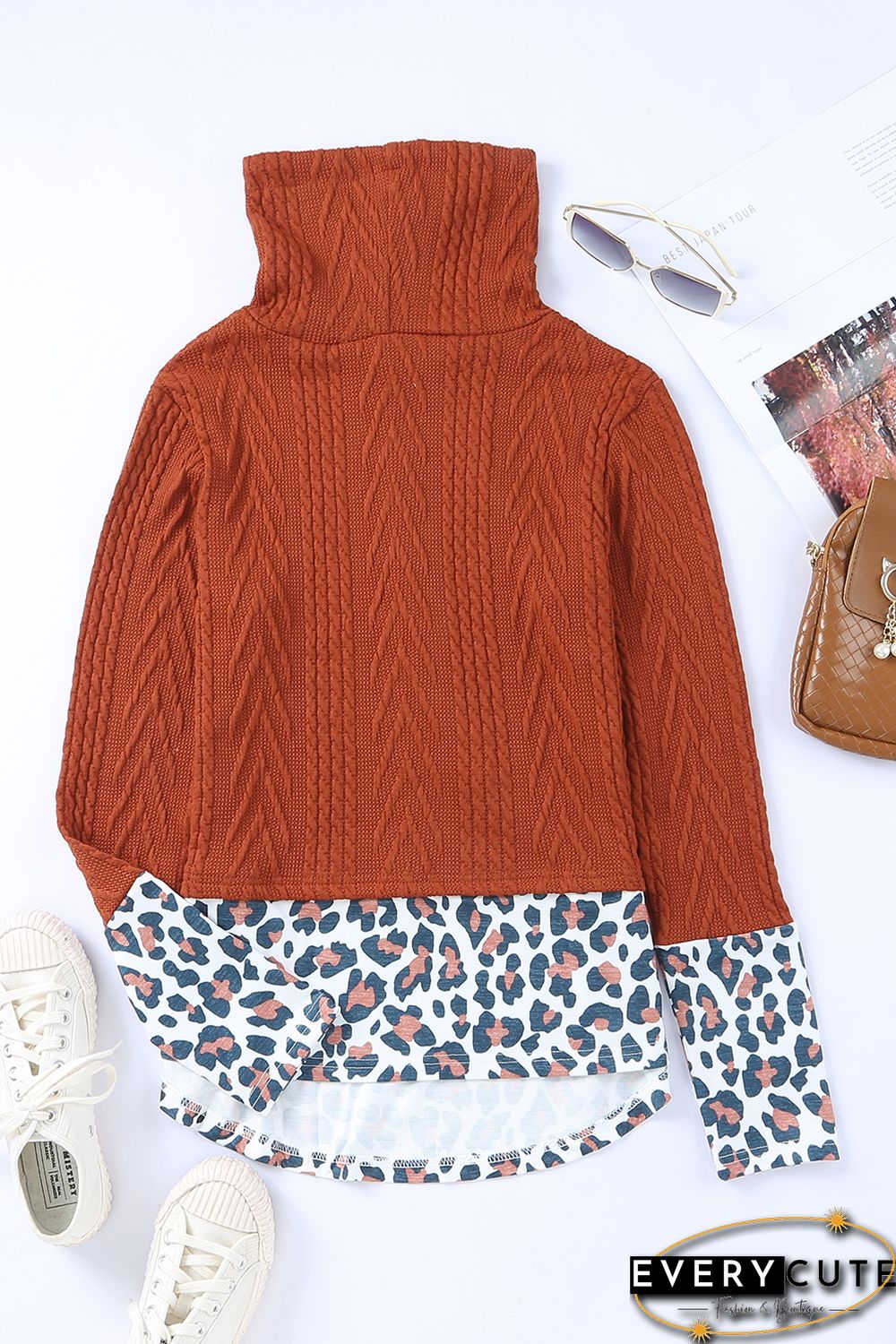 Leopard Patchwork Cowl Neck Knit Top