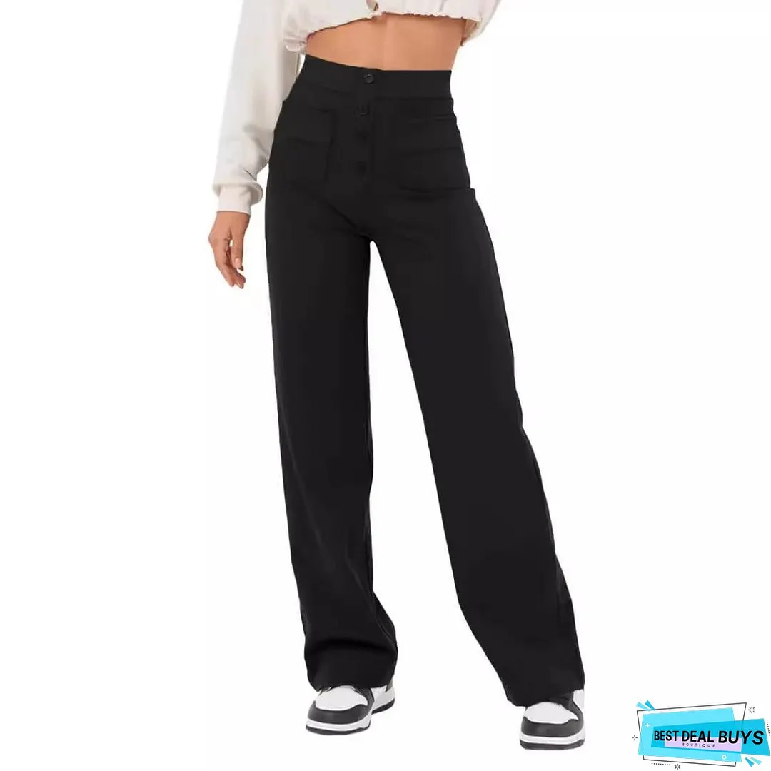 Women's Straight High Waist Button Elastic Band Pants