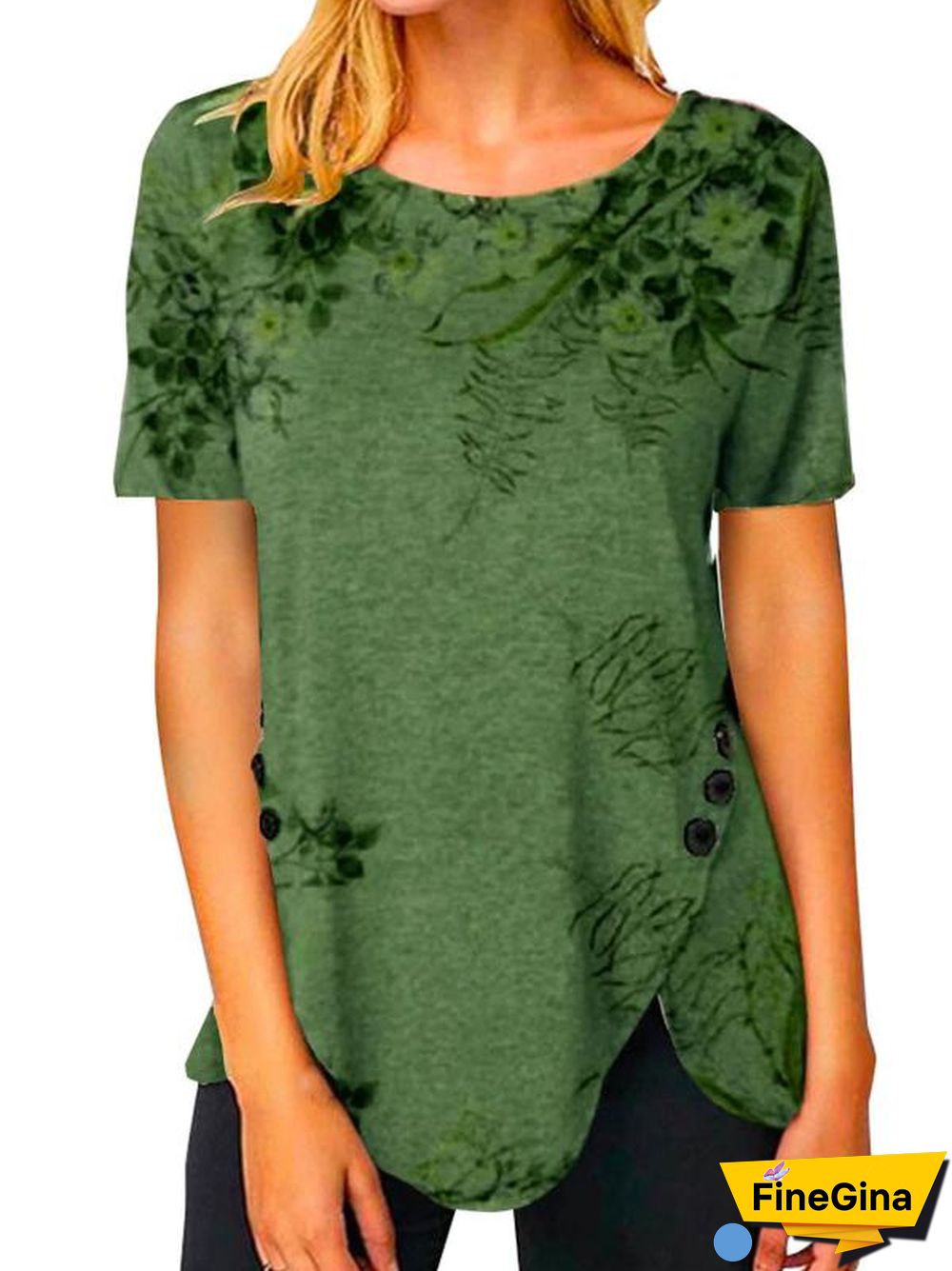 Crew Neck Plant Print Side Split Button Tee