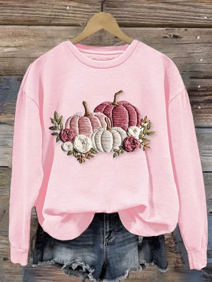 Women's Autumn Pumpkin Embroidery Print Sweatshirt 