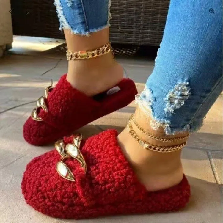 Plus Size Slippers Women Furry Fur Slides Home Flip Flops Ladies Winter Warm Metal Female Mules Shoes Outside Slippers for Women 514