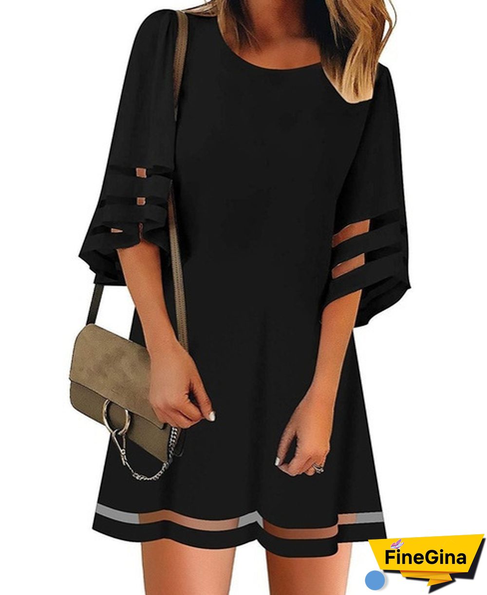 NEW summer Womens Short Sleeves Round Neck Flared Sleeves Casual Dresses Solid Color Patchwork Hollow-out Loose Mini Dresses Short Dresses Plus Size