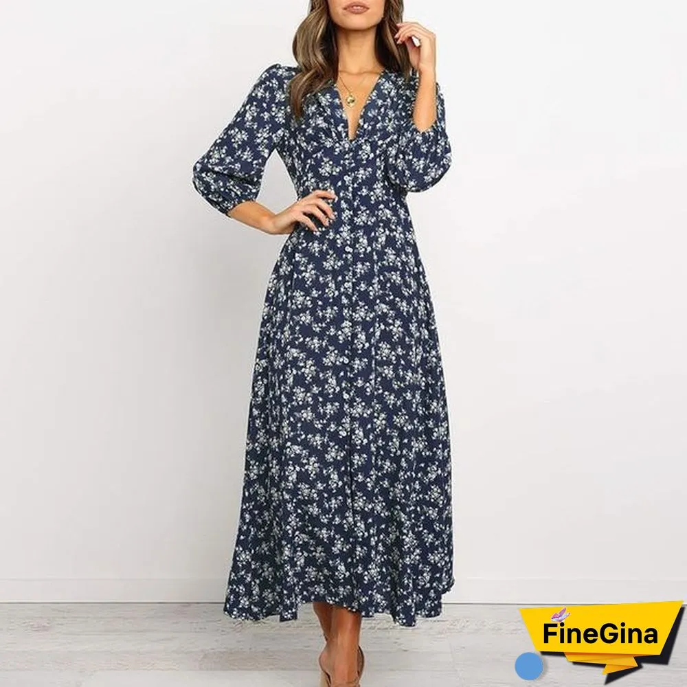 V Neck Long Dress Floral Print Lantern Sleeve A-Line Maxi Dress