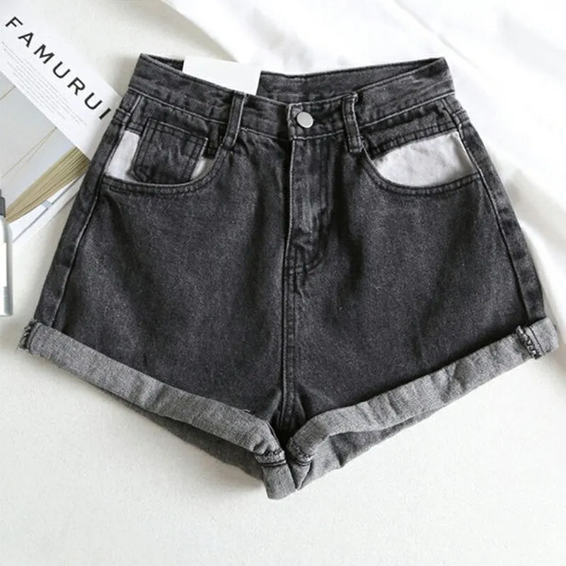 Ailegogo Summer Women Streetwear High Waist Black Wide Leg Jeans Shorts Casual Female Solid Color Loose Denim Shorts With Belt