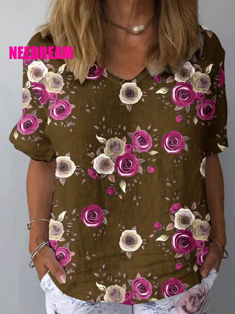Womens Watercolor Rose Floral Pattern Pattern Print Cotton And Linen Top