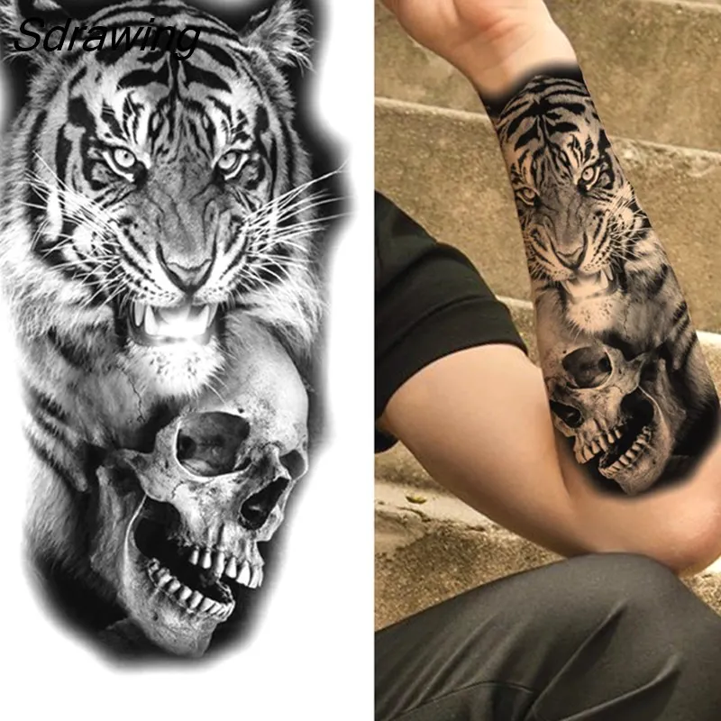 Sdrawing Tiger Temporary Tattoos For Men Women Kids Lion Skull Cross Tattoo Sticker Black Compass Skeleton Tatoos Leg Thigh 328-0