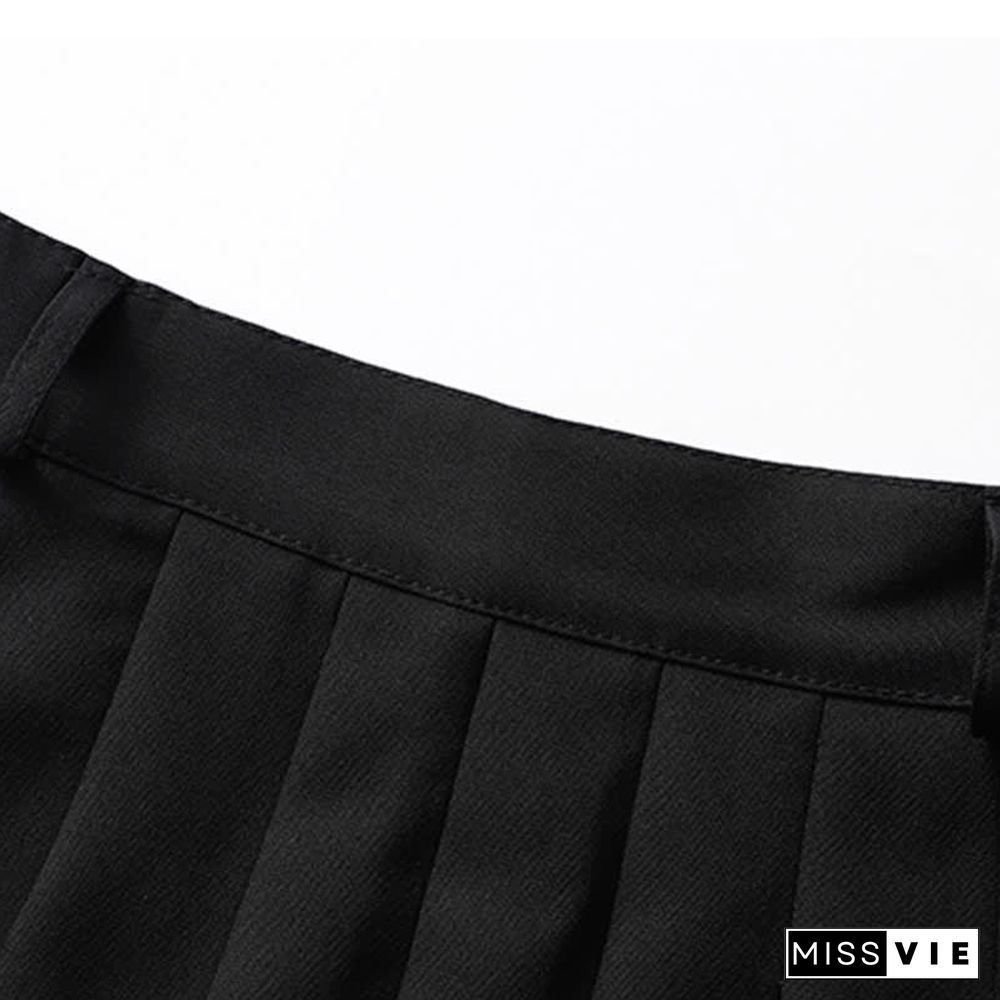 Gothic Off The Shoulder Buckle Strap Zipper Crop Top Belted Pleated Skirt