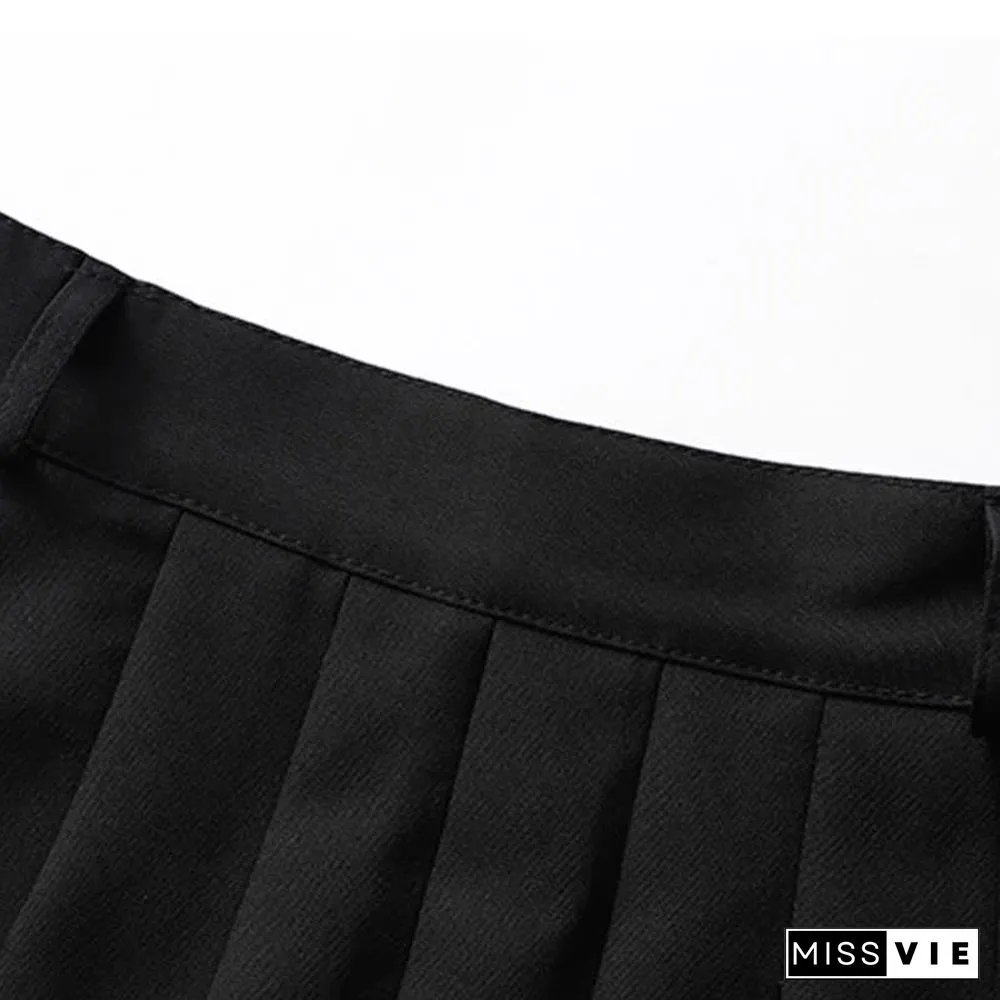 Gothic Off The Shoulder Buckle Strap Zipper Crop Top Belted Pleated Skirt