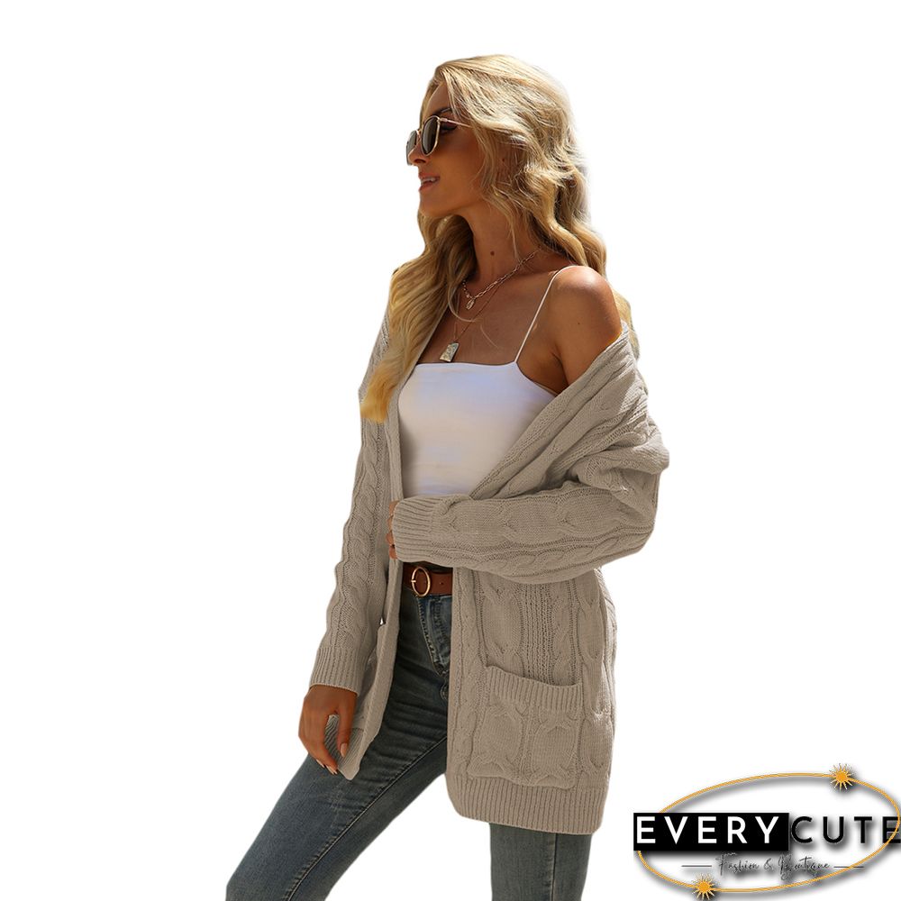 Khaki Open Front Cable Knit Cardigan
