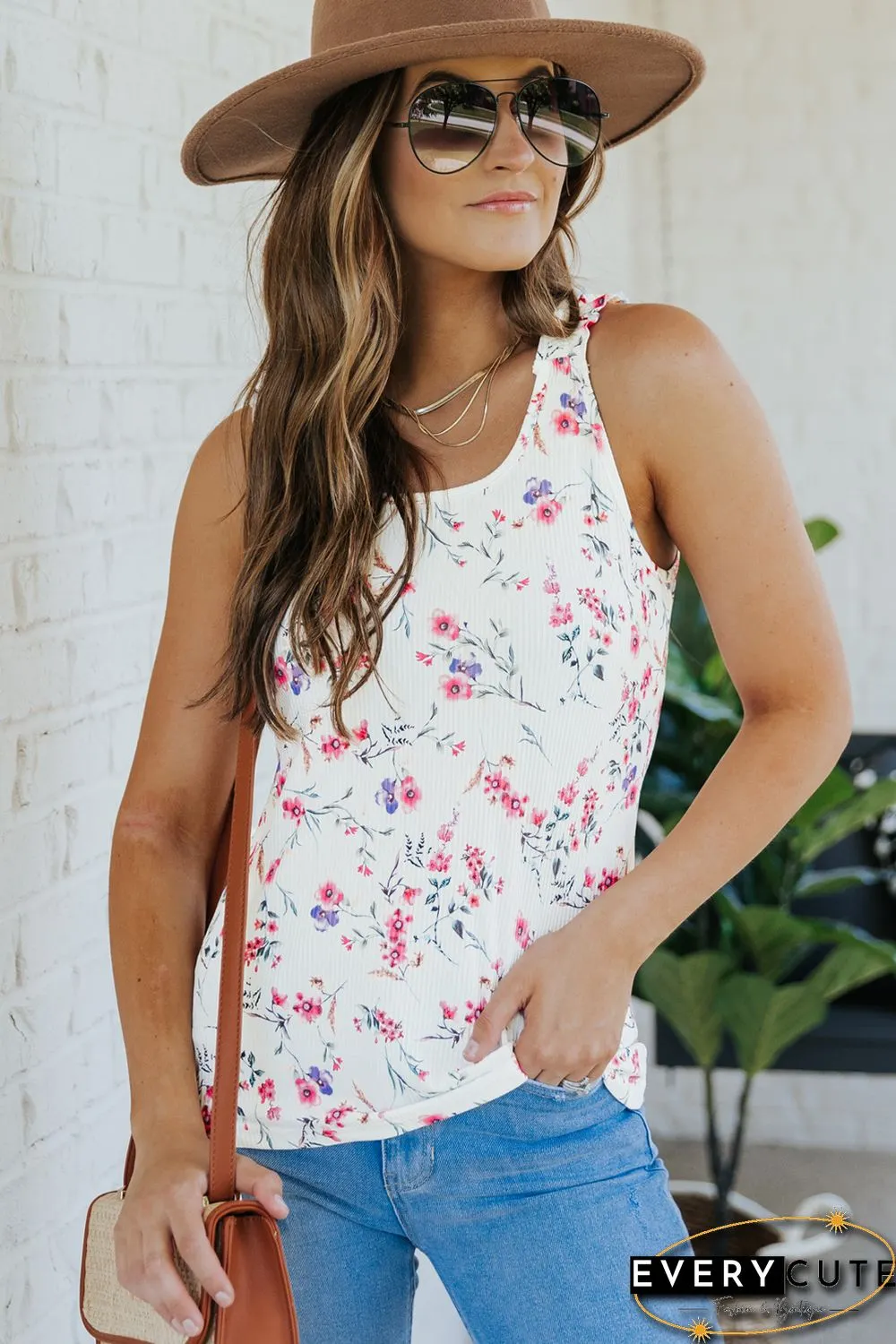 White Ruffle Straps Floral Rib Knit Tank Top