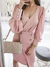 Stylish Solid Color Buttoned Cross-Strap V-Neck Long Sleeves Mini Dress
