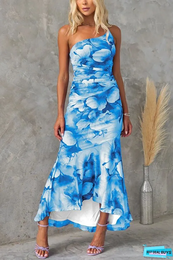 Deja Mesh Overlay Floral Print One Shoulder Ruched Stretch Maxi Dress